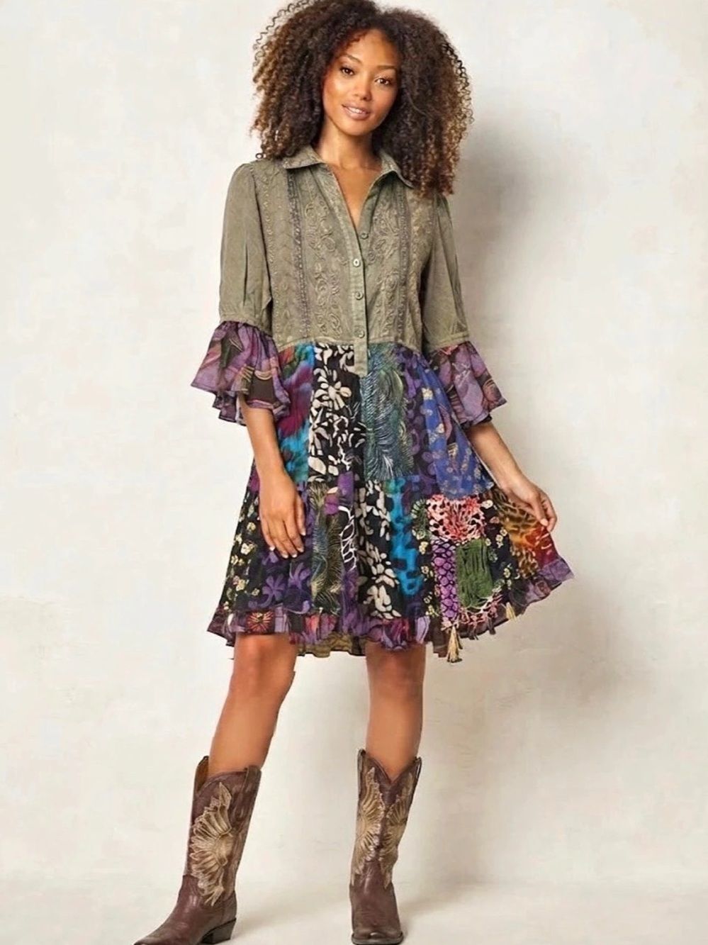 Young Threads Embroidered Olive Green Bodice Patchwork Mini Dress Medium NWT